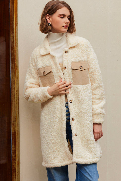 Contrast Flap Pocket Single Breasted Teddy Coat